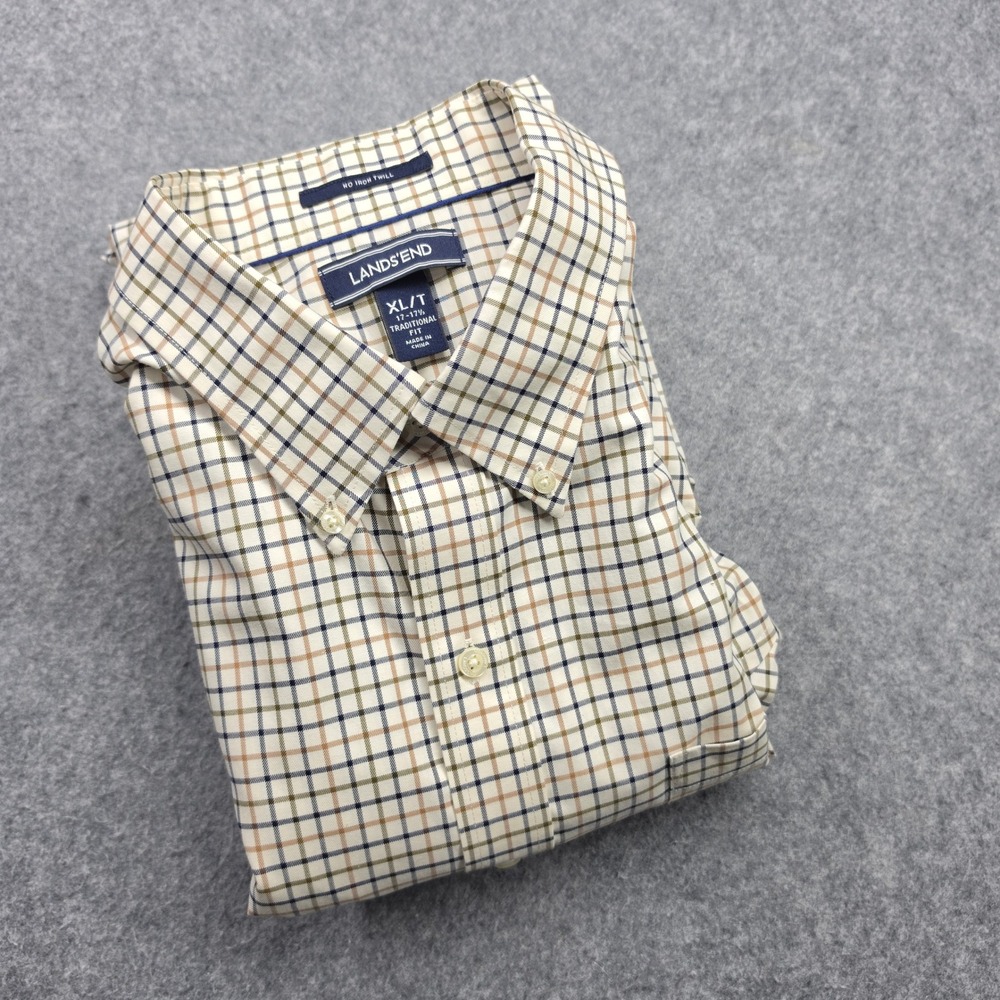 Lands' End Mens XL Tall No Iron Twill Tattersall Check Button Down Shirt Cream